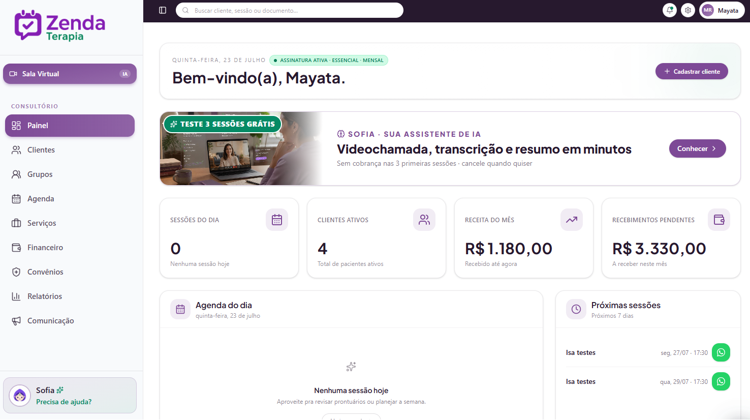Painel do Zenda Terapia mostrando agenda, clientes e financeiro organizados