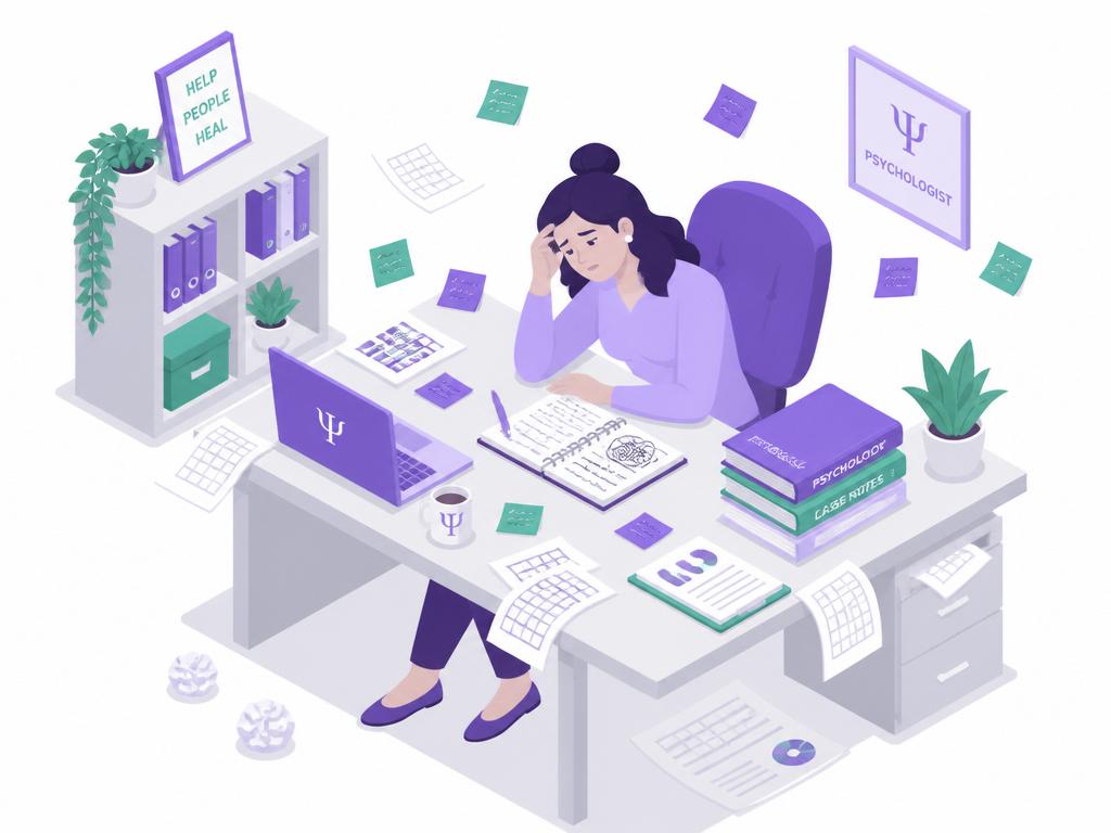 Mesa de terapeuta bagunçada com post-its, cadernos e papéis espalhados
